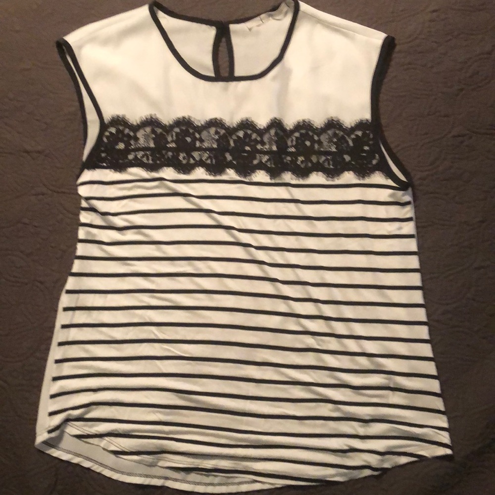 stripe & lace sleeveless shell black, off white